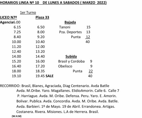 Línea 10 - DE LUNES A SÁBADOS (MARZO 2022) - Avenida Barbieri y Blandenguez /Costanera Norte y Apolon